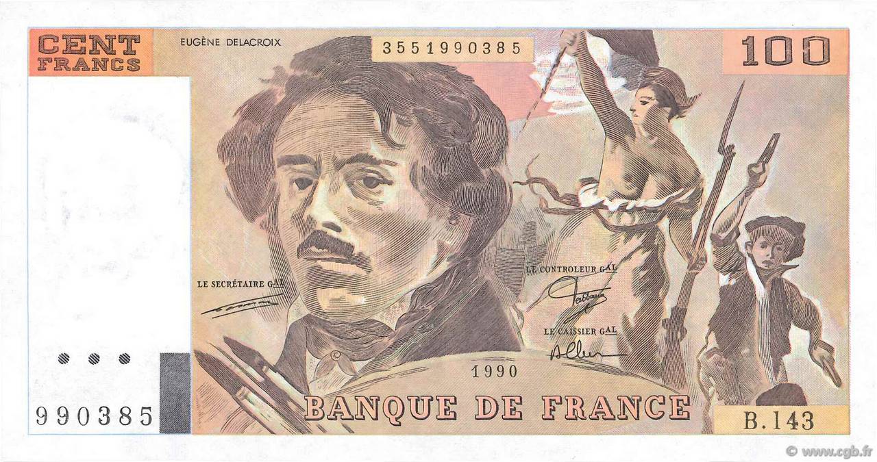 100 Francs DELACROIX imprimé en continu FRANCIA  1990 F.69bis.01bB SC+