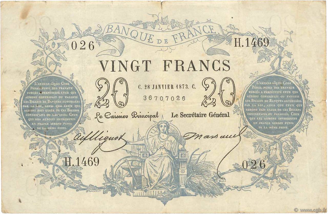 20 Francs type 1871 FRANCE  1873 F.A46.04 VF-
