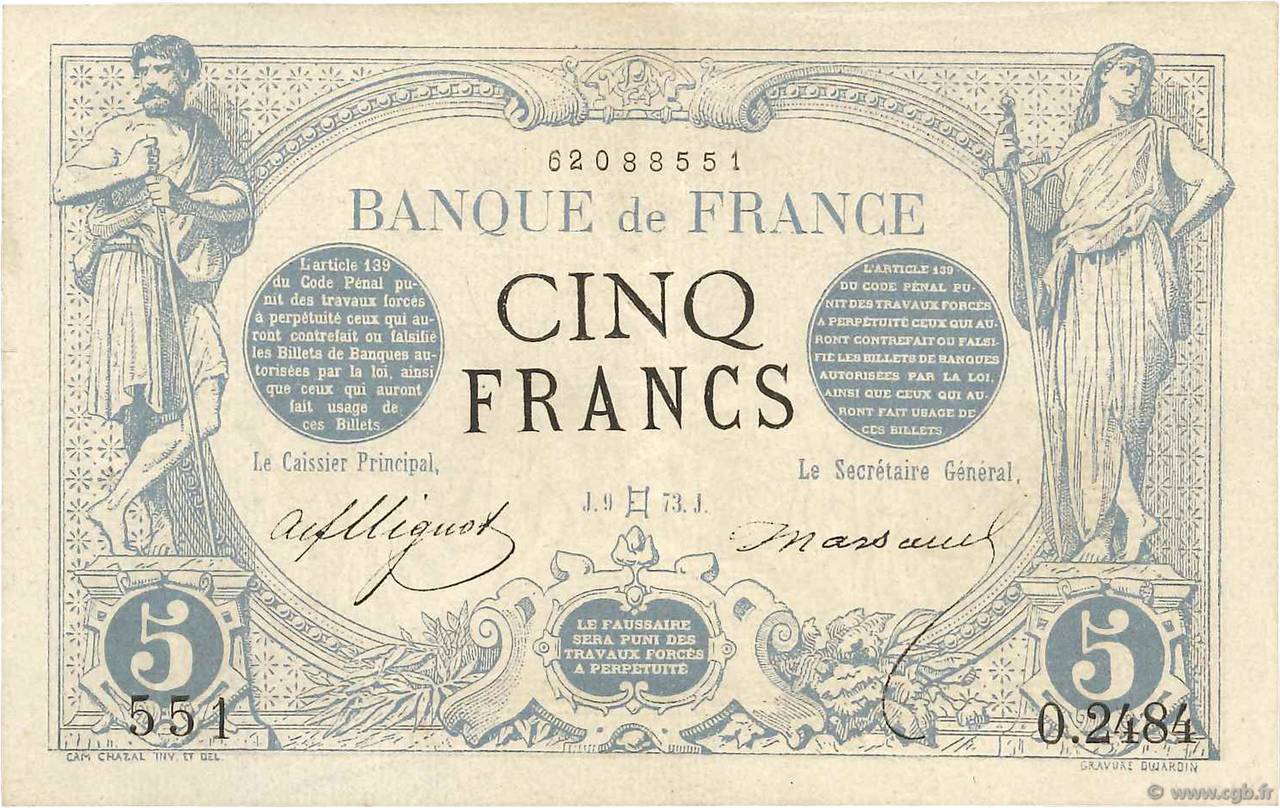 5 Francs NOIR FRANCE  1873 F.01.18 XF