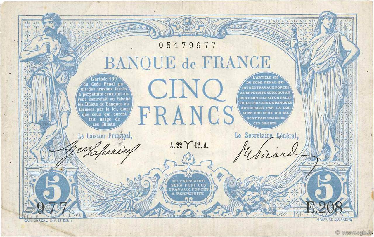 5 Francs BLEU FRANCIA  1912 F.02.03 MBC