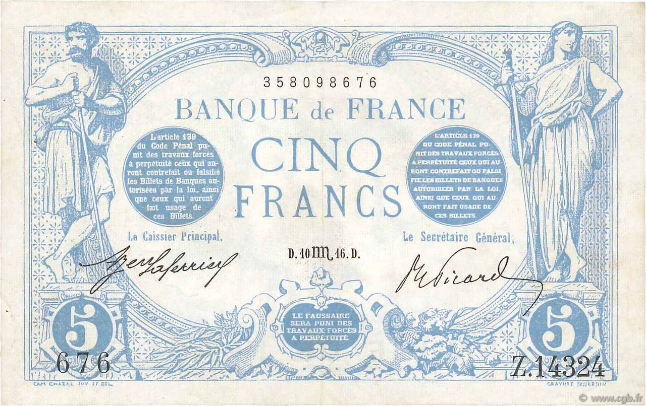 5 Francs BLEU FRANKREICH  1916 F.02.44 VZ+