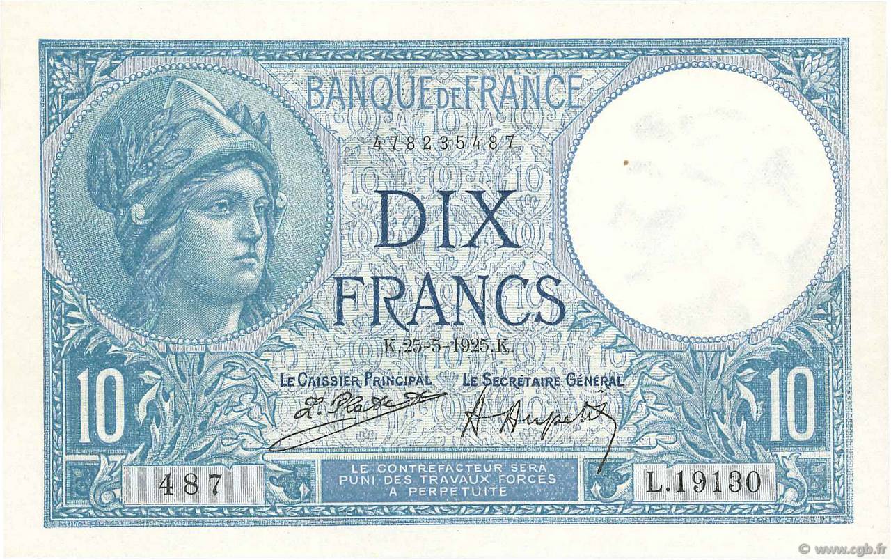 10 Francs MINERVE FRANCIA  1925 F.06.09 q.AU