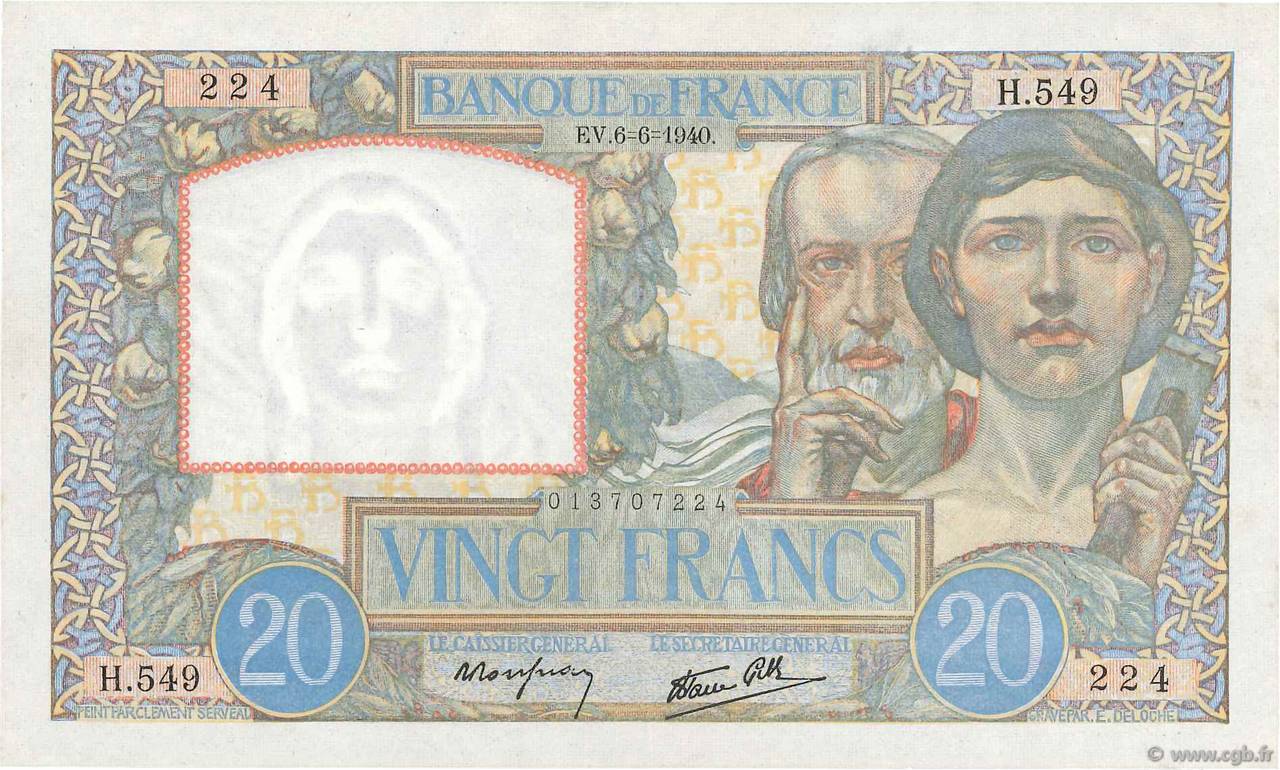 20 Francs TRAVAIL ET SCIENCE FRANCE  1940 F.12.03 AU