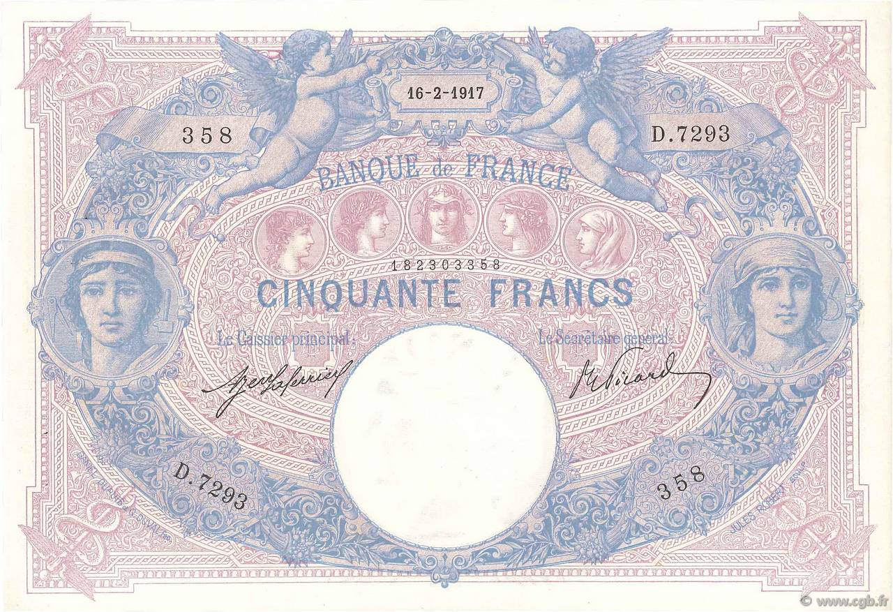 50 Francs BLEU ET ROSE FRANCIA  1917 F.14.30 SPL