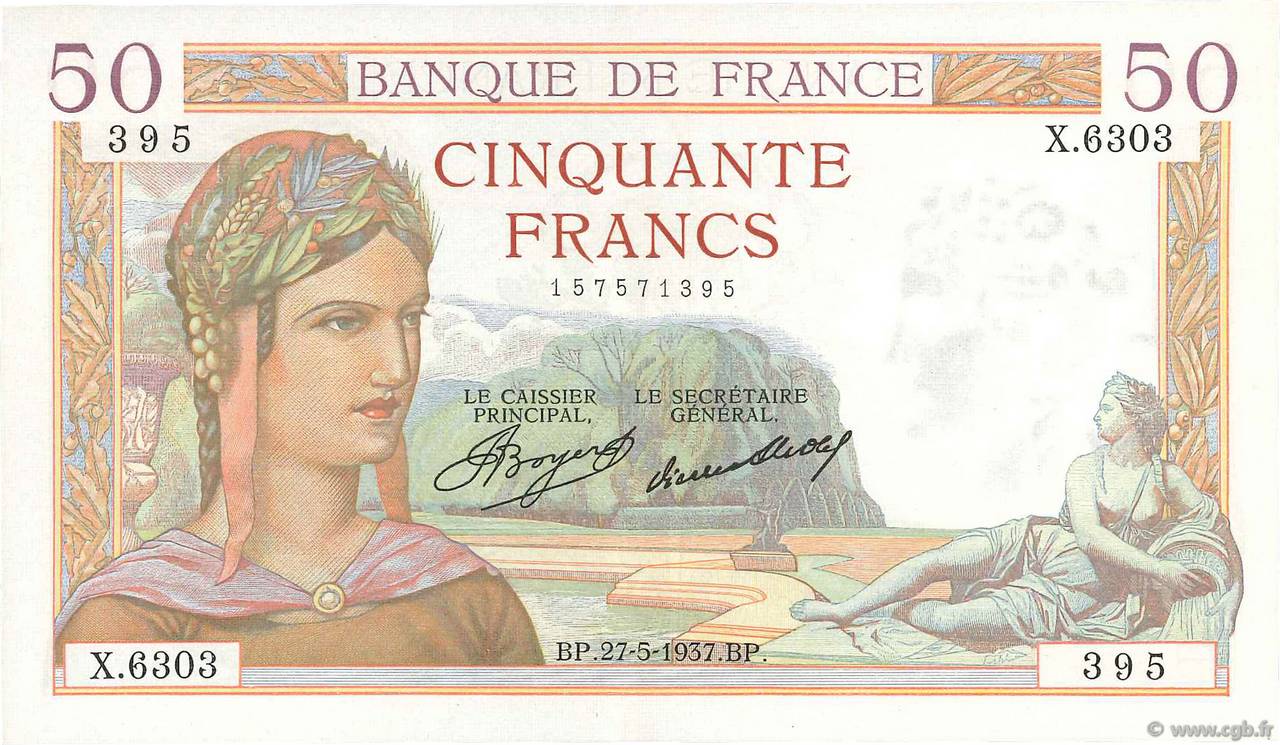 50 Francs CÉRÈS FRANKREICH  1937 F.17.39 fST