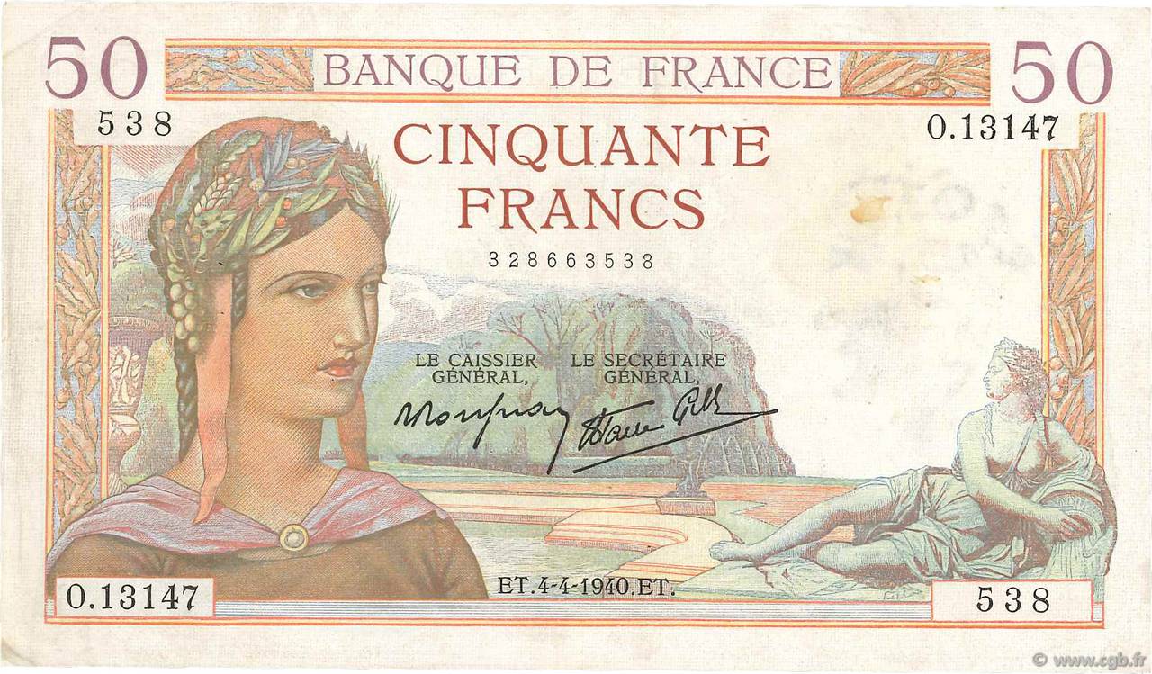 50 Francs CÉRÈS modifié FRANCIA  1940 F.18.42 MBC+