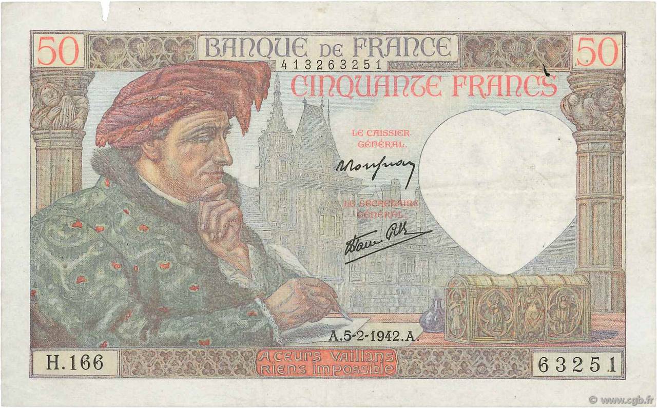 50 Francs JACQUES CŒUR FRANCIA  1942 F.19.19 BB