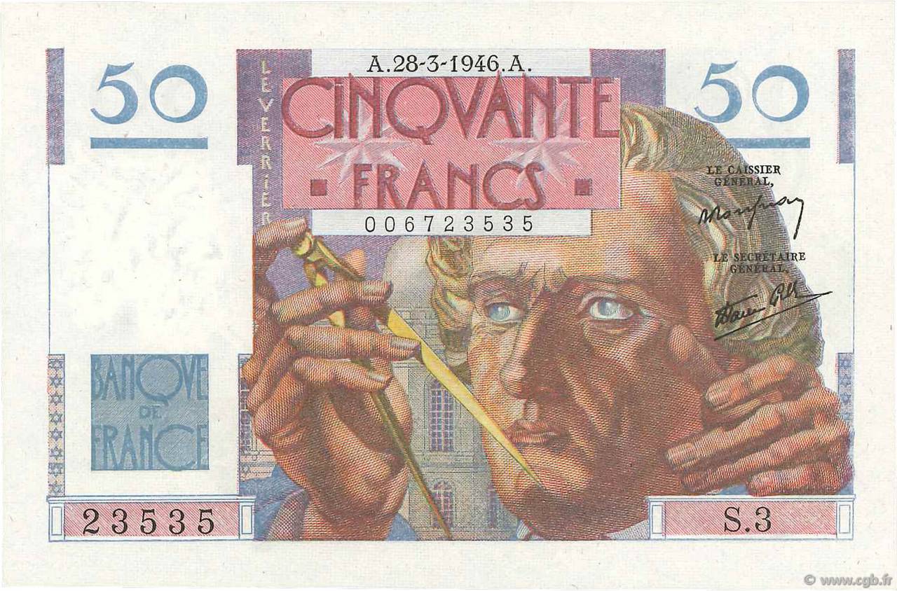 50 Francs LE VERRIER FRANCIA  1946 F.20.02 SC+