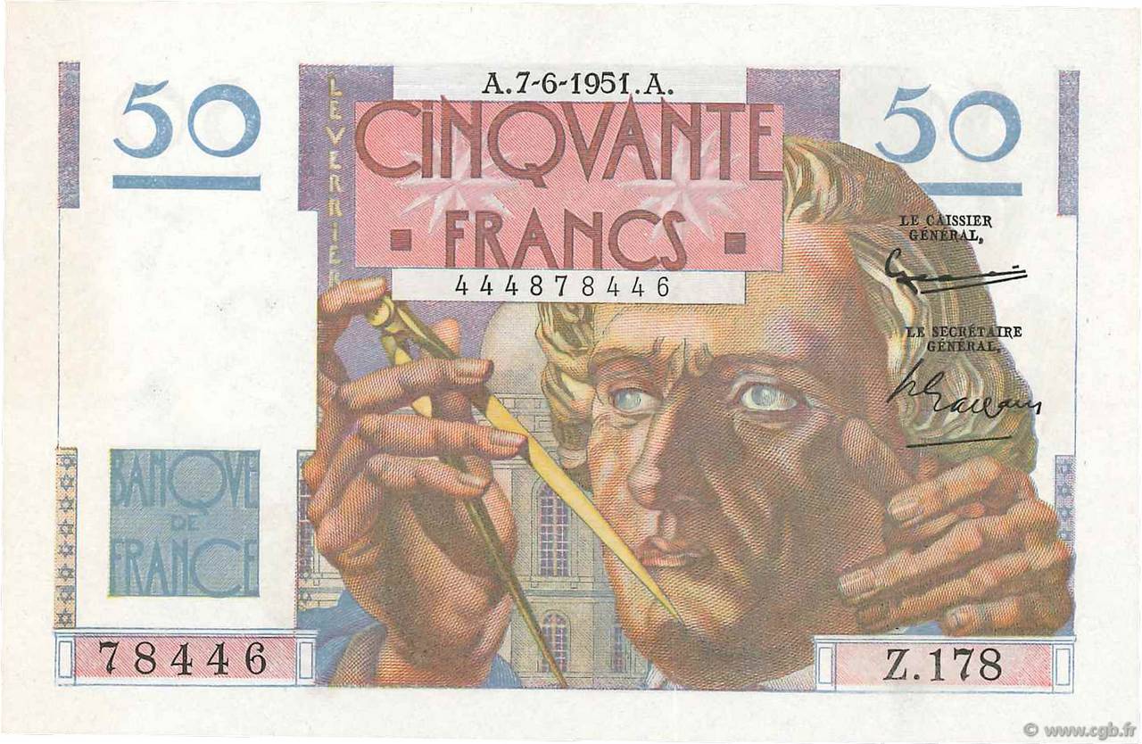 50 Francs LE VERRIER Grand numéro FRANCIA  1951 F.20.18 SC+
