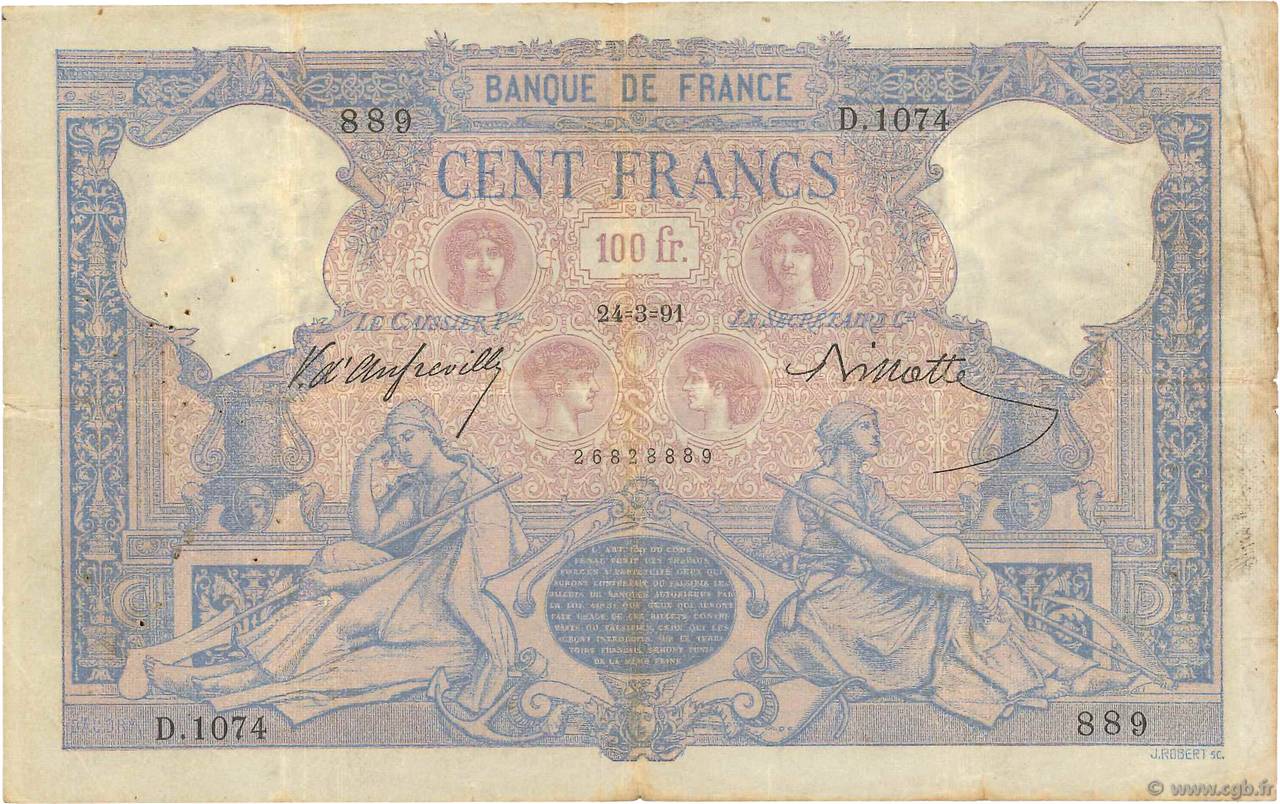 100 Francs BLEU ET ROSE FRANCIA  1891 F.21.04 BC