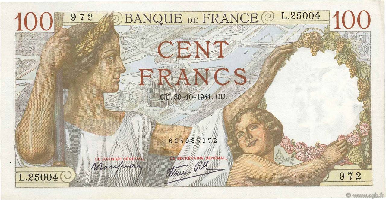 100 Francs SULLY FRANCE  1941 F.26.59 AU-