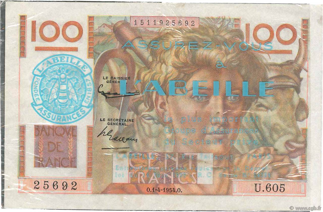 100 Francs JEUNE PAYSAN Publicitaire FRANCE  1954 F.28.43 SUP+