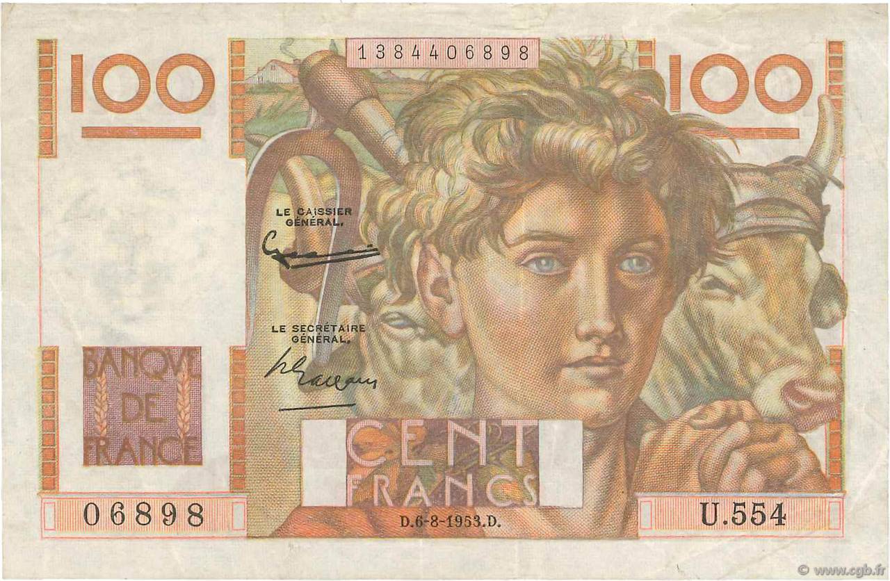 100 Francs JEUNE PAYSAN filigrane inversé FRANCE  1952 F.28bis.02 TTB