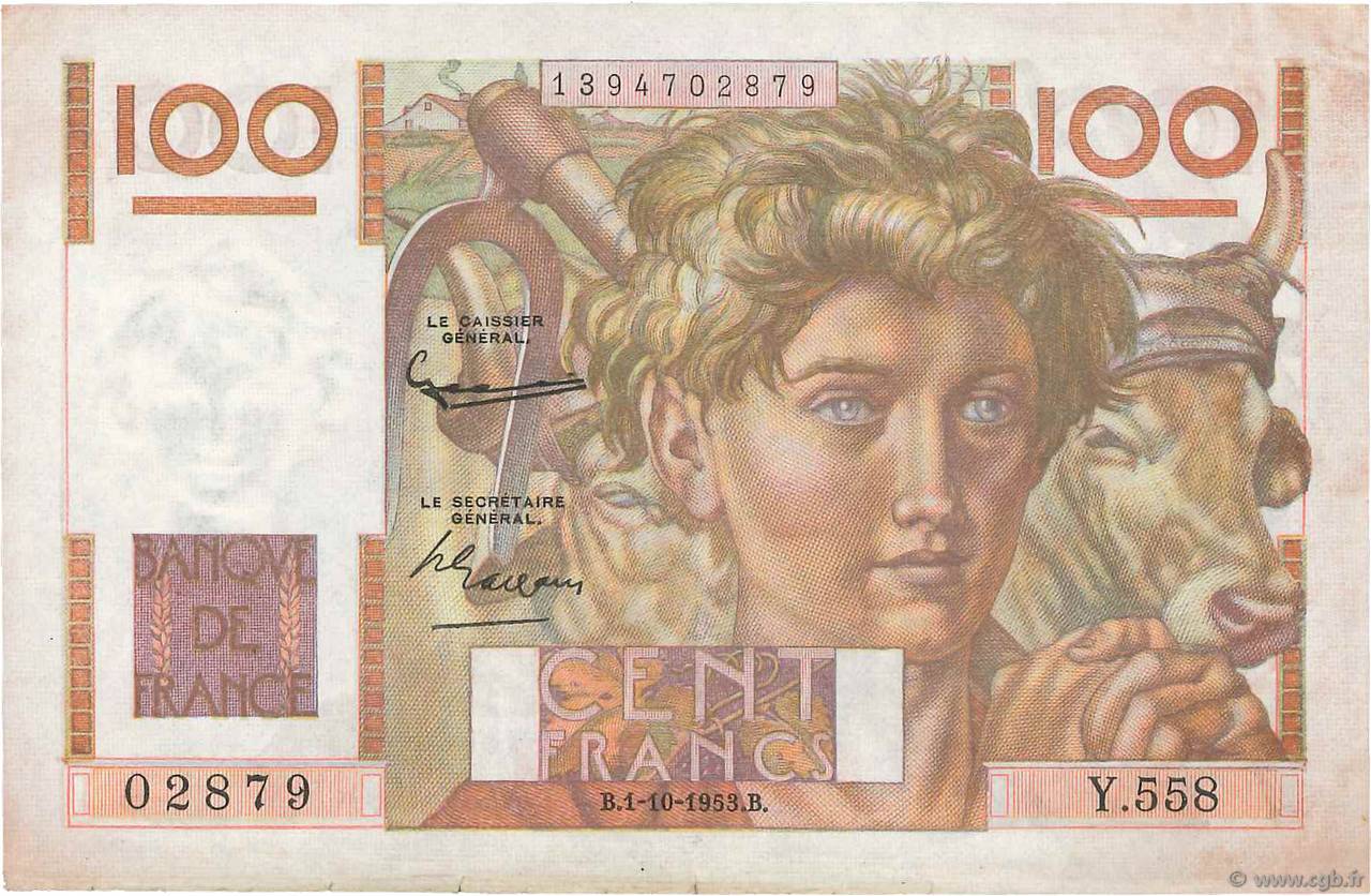 100 Francs JEUNE PAYSAN filigrane inversé FRANCE  1953 F.28bis.03 pr.SUP