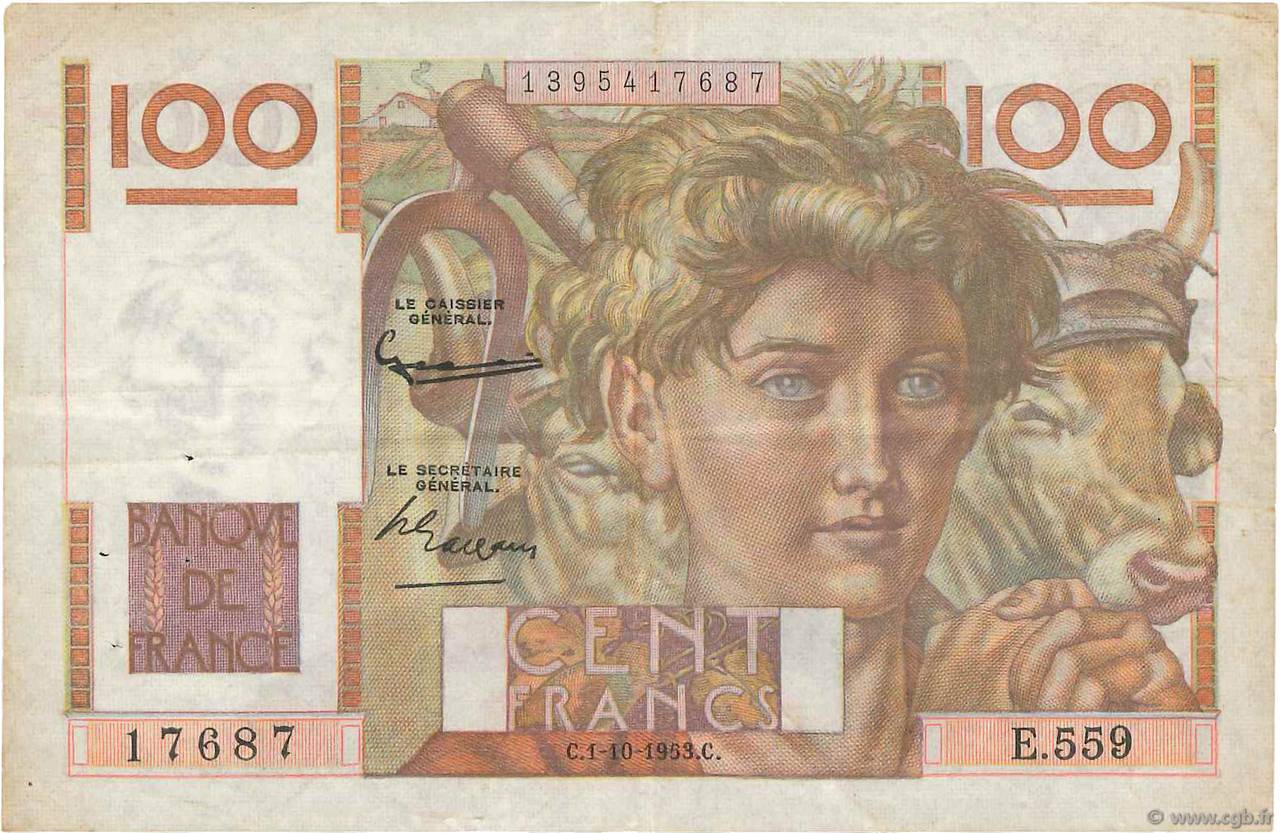 100 Francs JEUNE PAYSAN filigrane inversé FRANCIA  1953 F.28bis.03 MBC