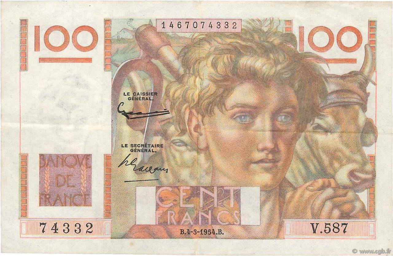 100 Francs JEUNE PAYSAN filigrane inversé FRANCE  1954 F.28bis.05 TTB+