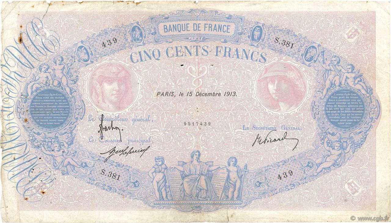 500 Francs BLEU ET ROSE FRANKREICH  1913 F.30.21 S
