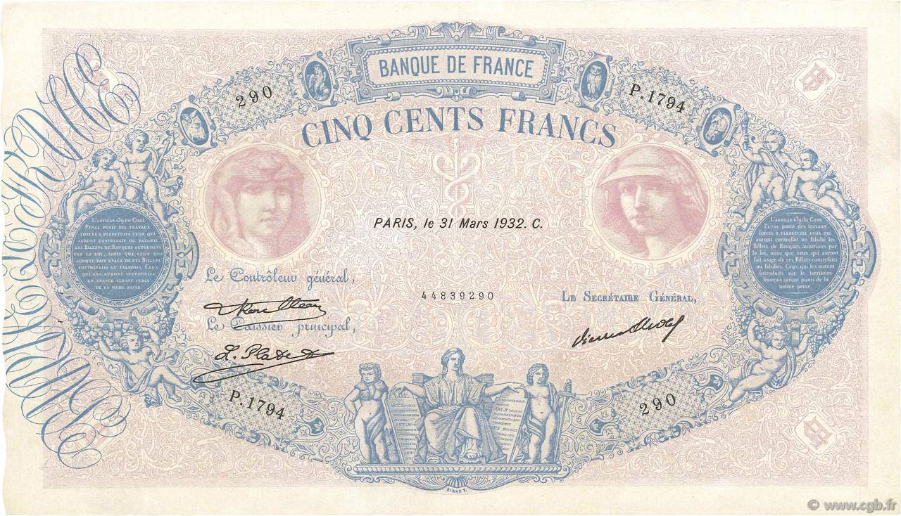 500 Francs BLEU ET ROSE FRANCIA  1932 F.30.35 SPL