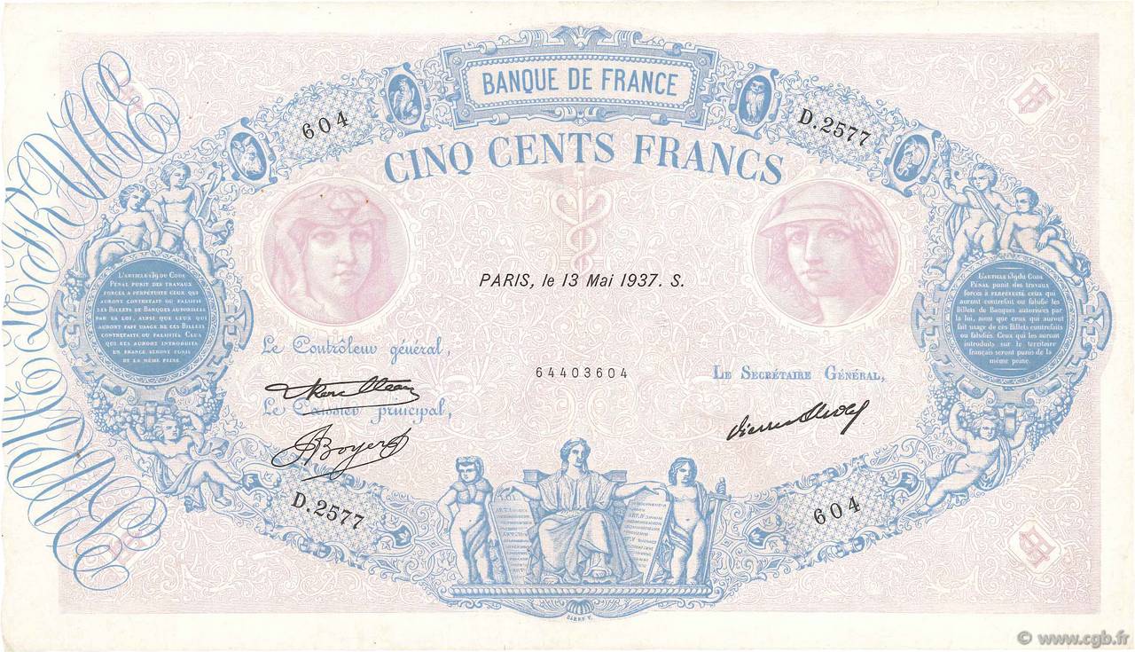 500 Francs BLEU ET ROSE FRANCE  1937 F.30.38 VF