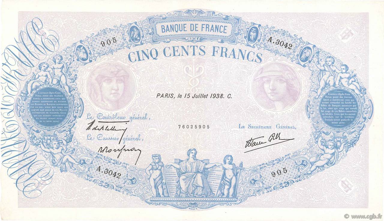 500 Francs BLEU ET ROSE modifié FRANCE  1938 F.31.18 TTB+