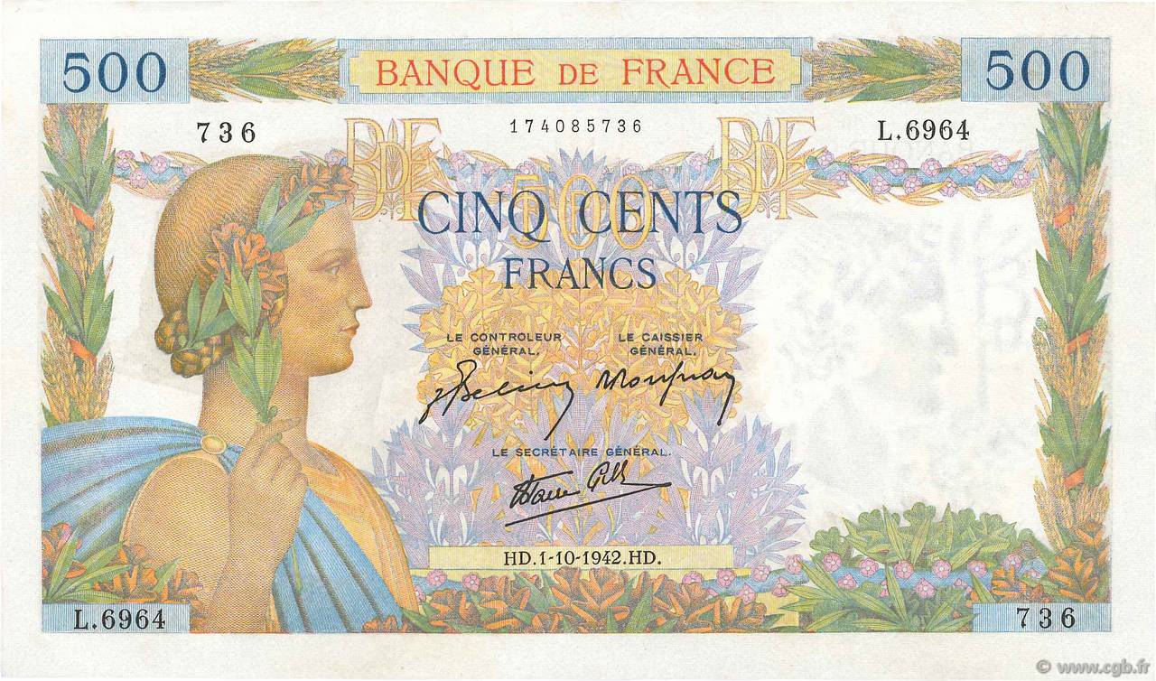 500 Francs LA PAIX FRANCIA  1942 F.32.41 FDC