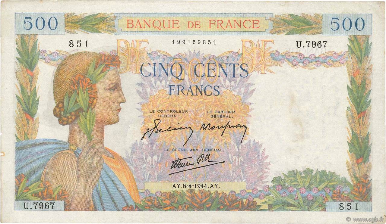 500 Francs LA PAIX FRANCE  1944 F.32.46 TTB+
