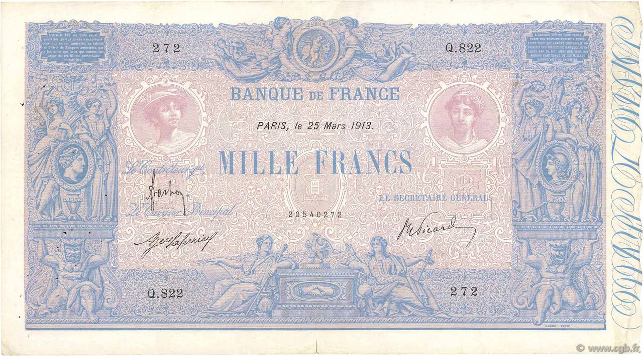1000 Francs BLEU ET ROSE FRANCIA  1913 F.36.27 MBC