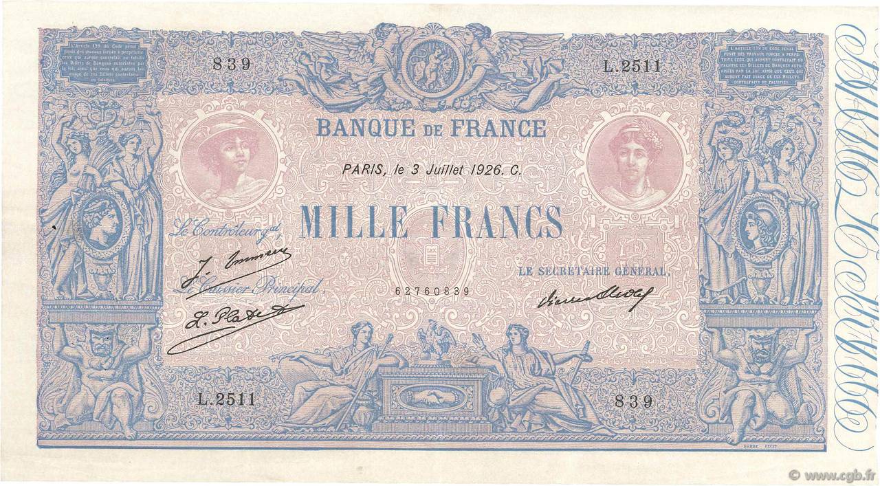 1000 Francs BLEU ET ROSE FRANCE  1926 F.36.43 XF-