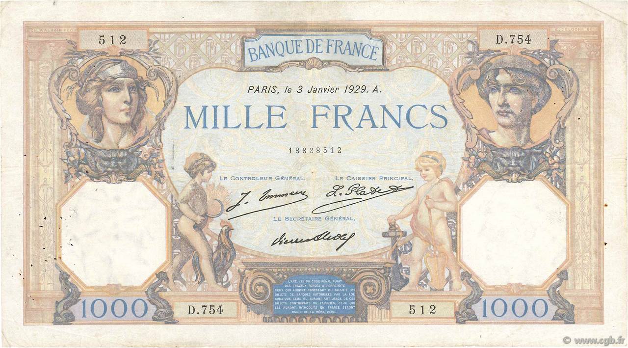 1000 Francs CÉRÈS ET MERCURE FRANCIA  1929 F.37.03 MB