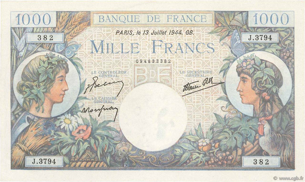 1000 Francs COMMERCE ET INDUSTRIE FRANCE  1944 F.39.11 UNC