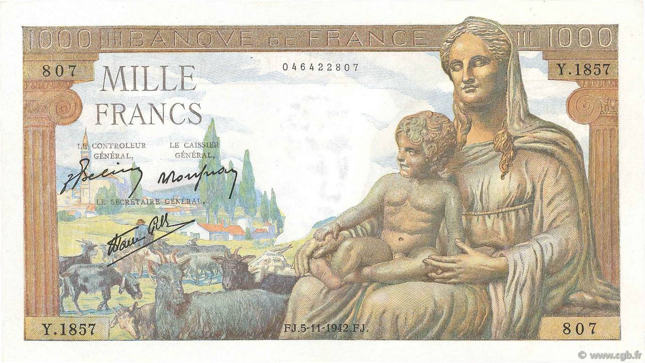 1000 Francs DÉESSE DÉMÉTER FRANCE  1942 F.40.10 SPL+