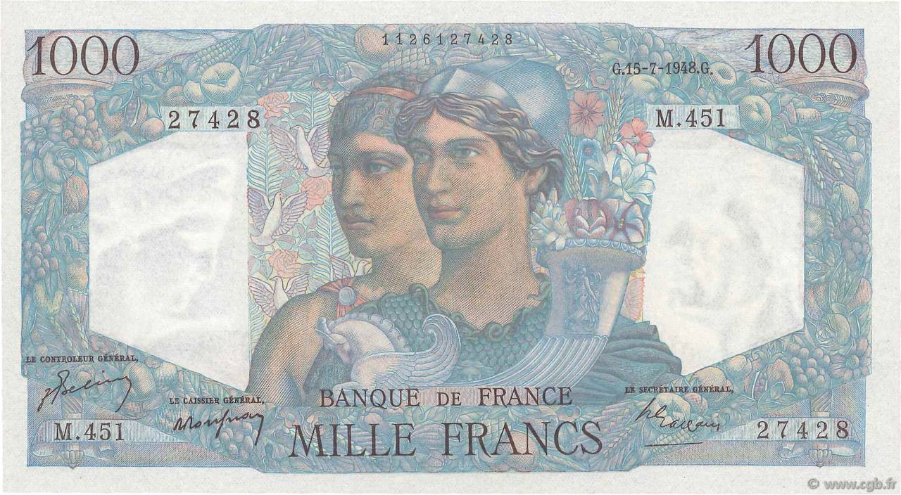 1000 Francs MINERVE ET HERCULE FRANCIA  1948 F.41.22 SC+
