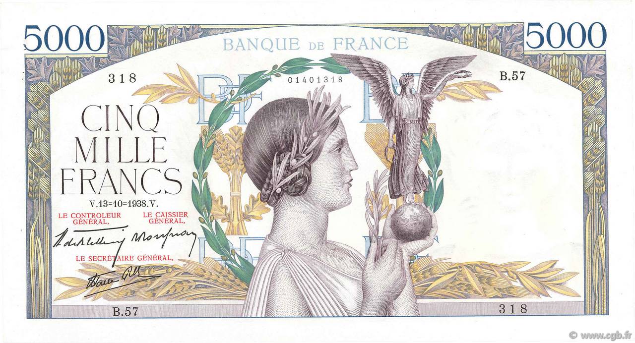 5000 Francs VICTOIRE modifié, taille douce FRANCIA  1938 F.45.01 EBC+