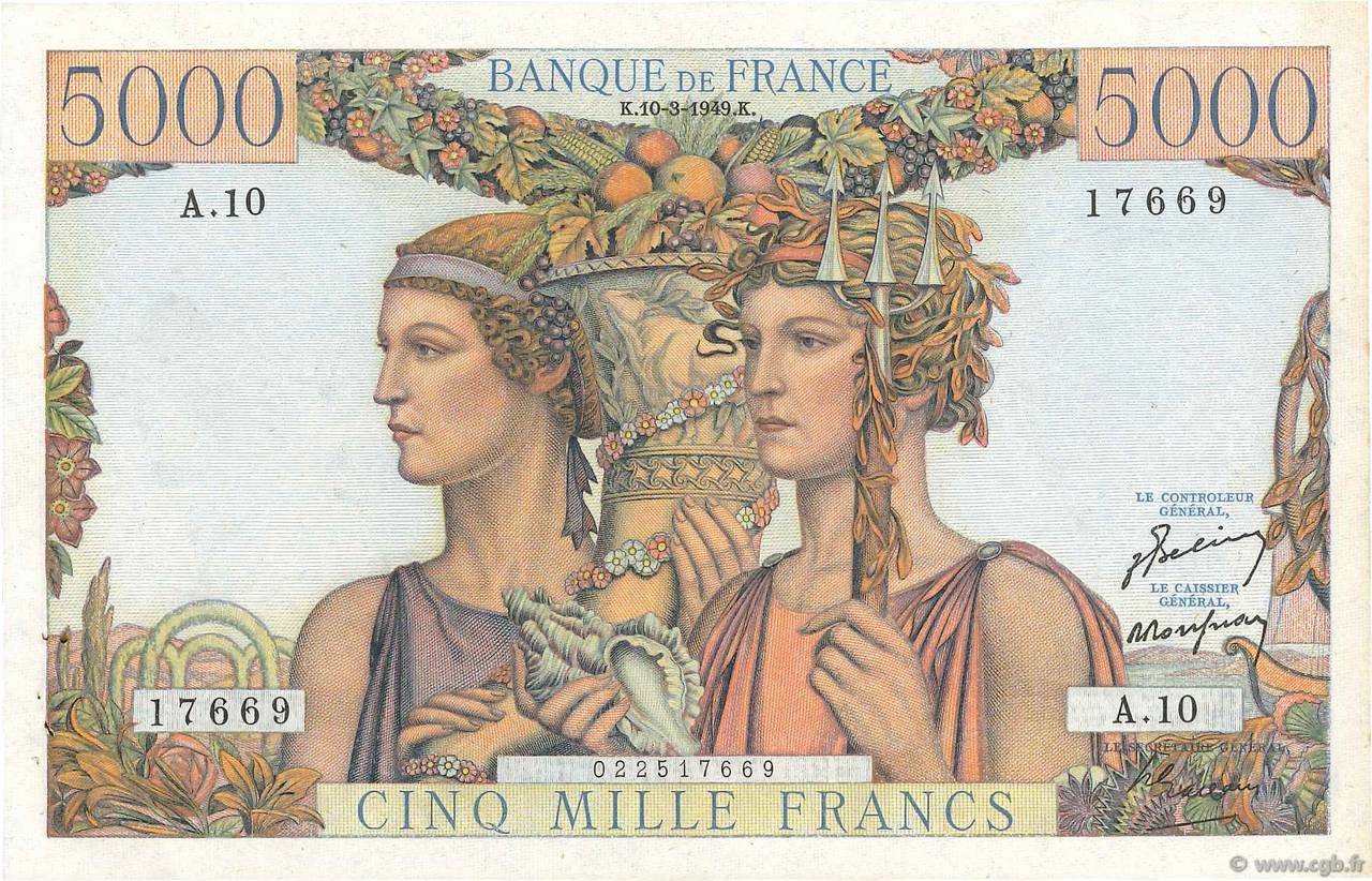 5000 Francs TERRE ET MER FRANCE  1949 F.48.01 XF