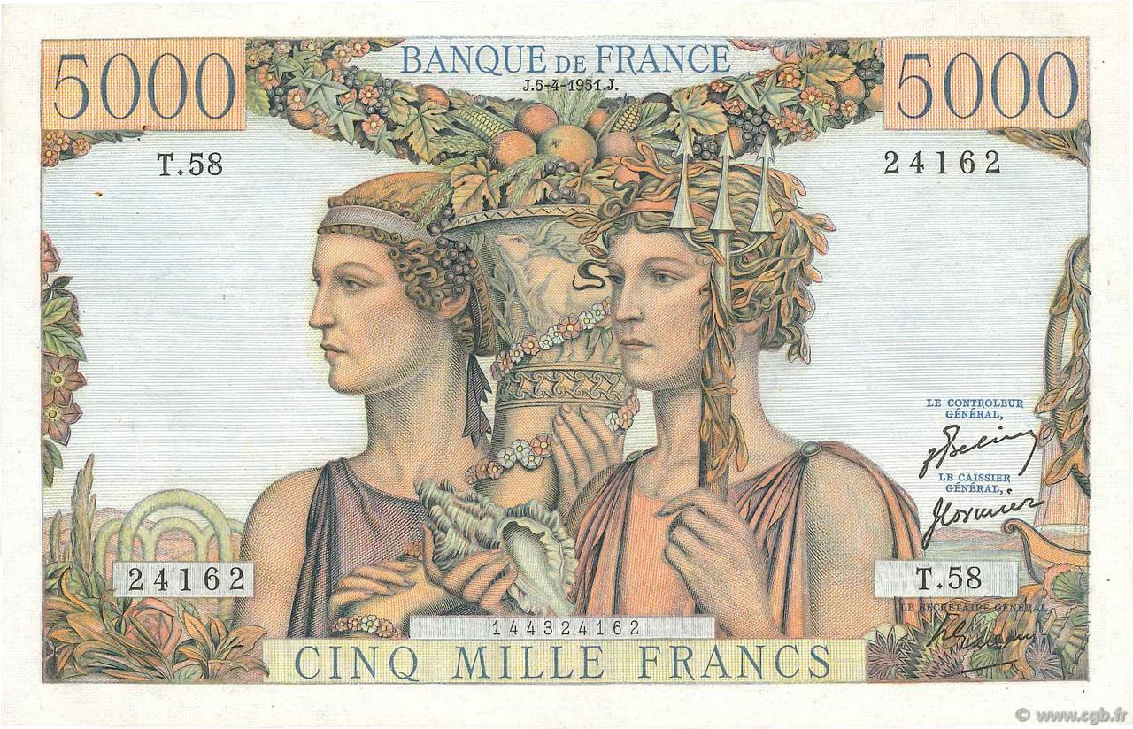 5000 Francs TERRE ET MER FRANCIA  1951 F.48.04 q.AU