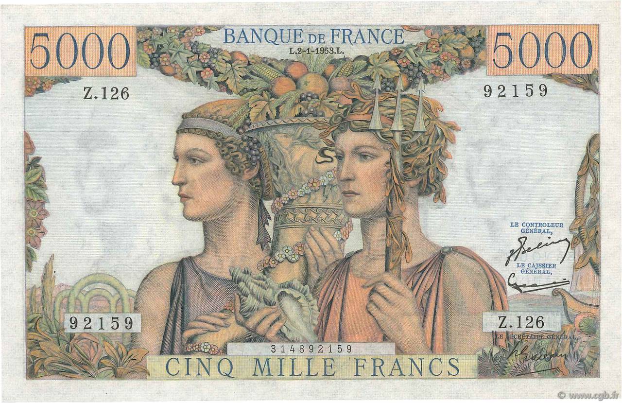 5000 Francs TERRE ET MER FRANKREICH  1953 F.48.08 fST