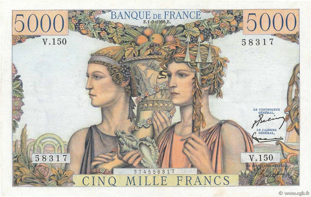 5000 Francs TERRE ET MER FRANCE  1956 F.48.11 XF+