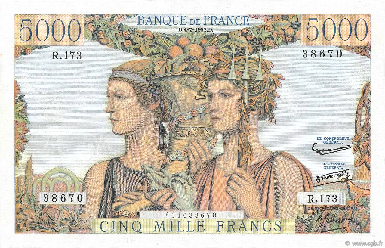 5000 Francs TERRE ET MER FRANCE  1957 F.48.16 AU-