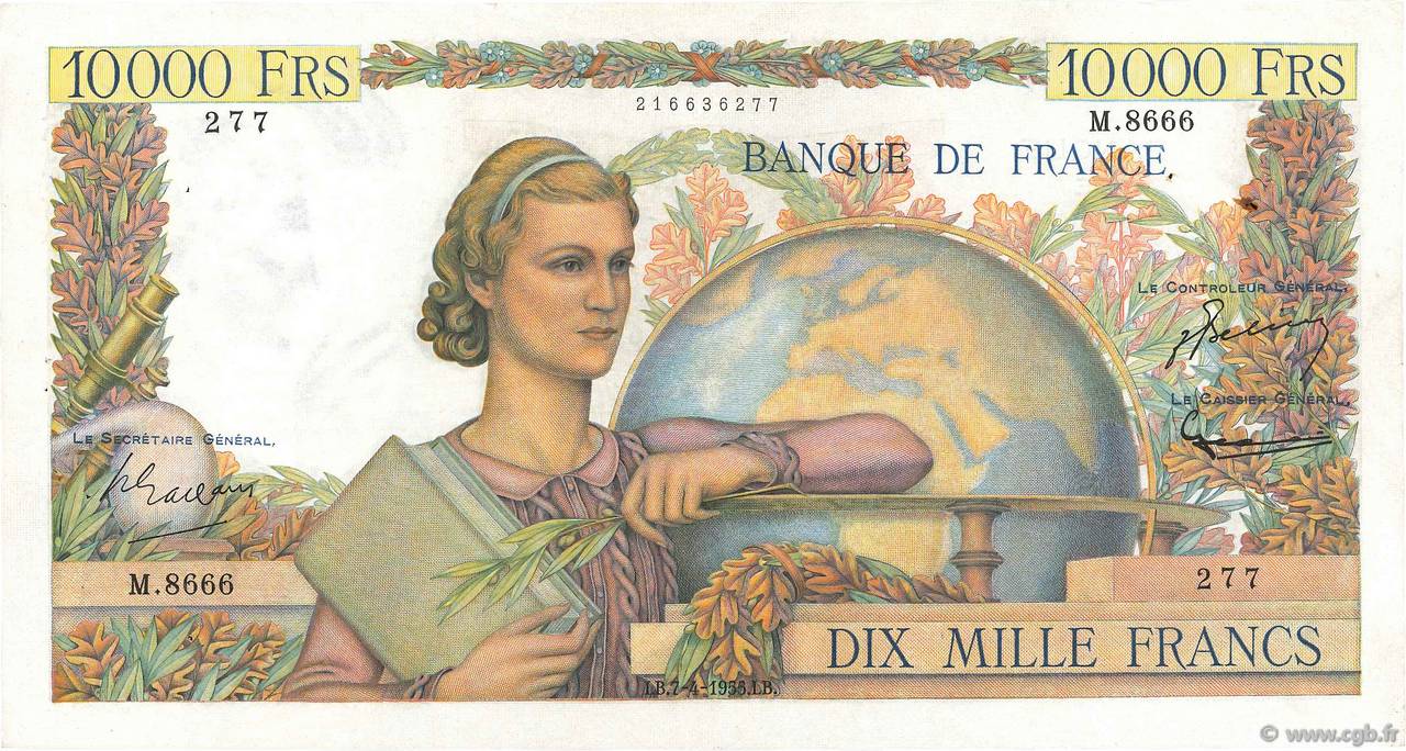 10000 Francs GÉNIE FRANÇAIS FRANKREICH  1955 F.50.74 SS