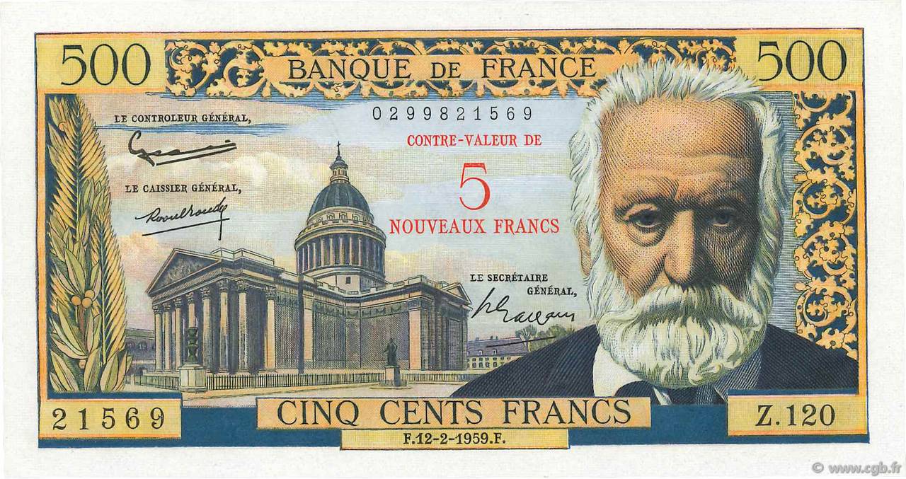 5 NF sur 500 Francs Victor HUGO FRANCE  1959 F.52.02 pr.NEUF