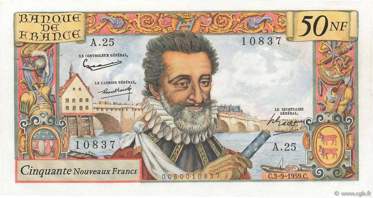 50 Nouveaux Francs HENRI IV FRANCE  1959 F.58.03 XF+