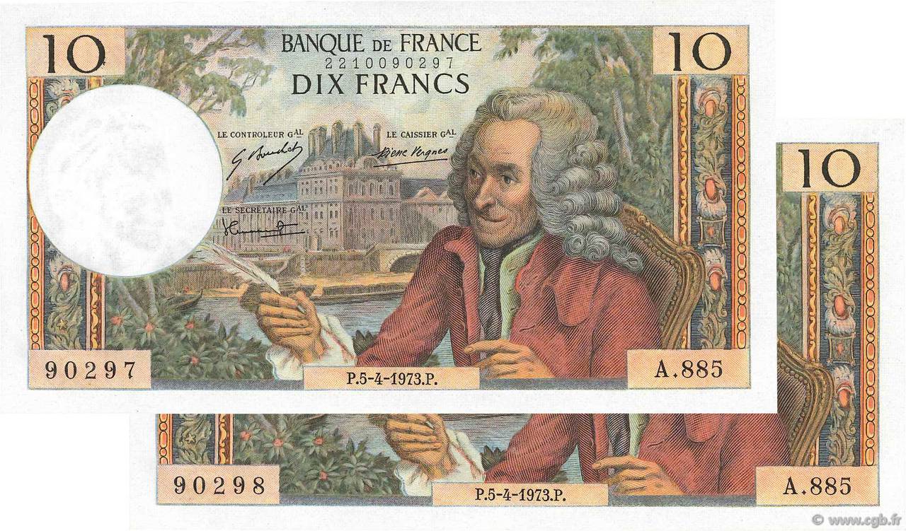 10 Francs VOLTAIRE Consécutifs FRANCE  1973 F.62.61 AU