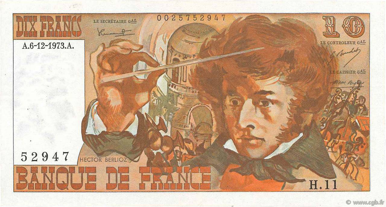 10 Francs BERLIOZ FRANKREICH  1973 F.63.02 fVZ