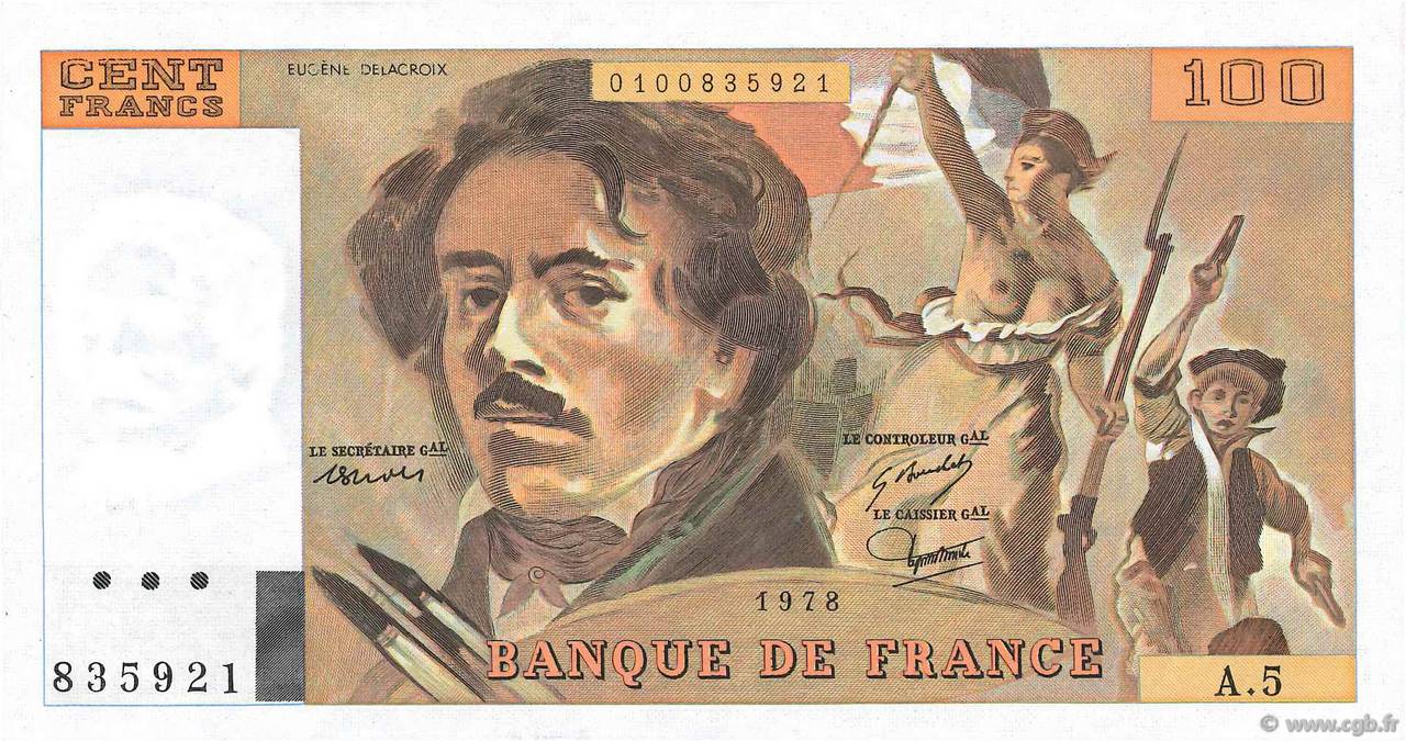 100 Francs DELACROIX modifié FRANCE  1978 F.69.01d UNC