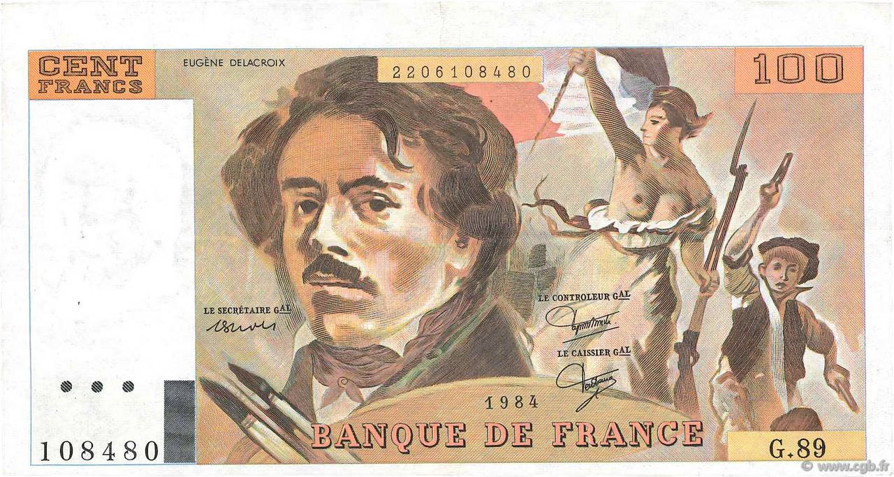 100 Francs DELACROIX modifié Fauté FRANCE  1984 F.69.08b VF
