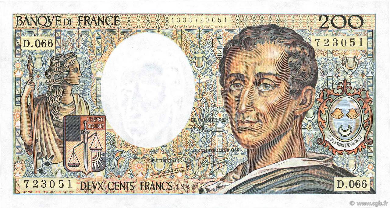200 Francs MONTESQUIEU FRANCIA  1989 F.70.09 FDC