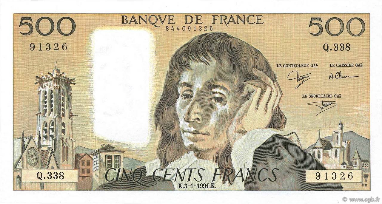 500 Francs PASCAL FRANKREICH  1991 F.71.46 ST