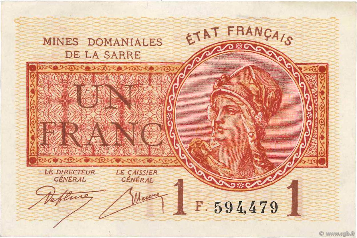 1 Franc MINES DOMANIALES DE LA SARRE FRANCIA  1920 VF.51.06 AU
