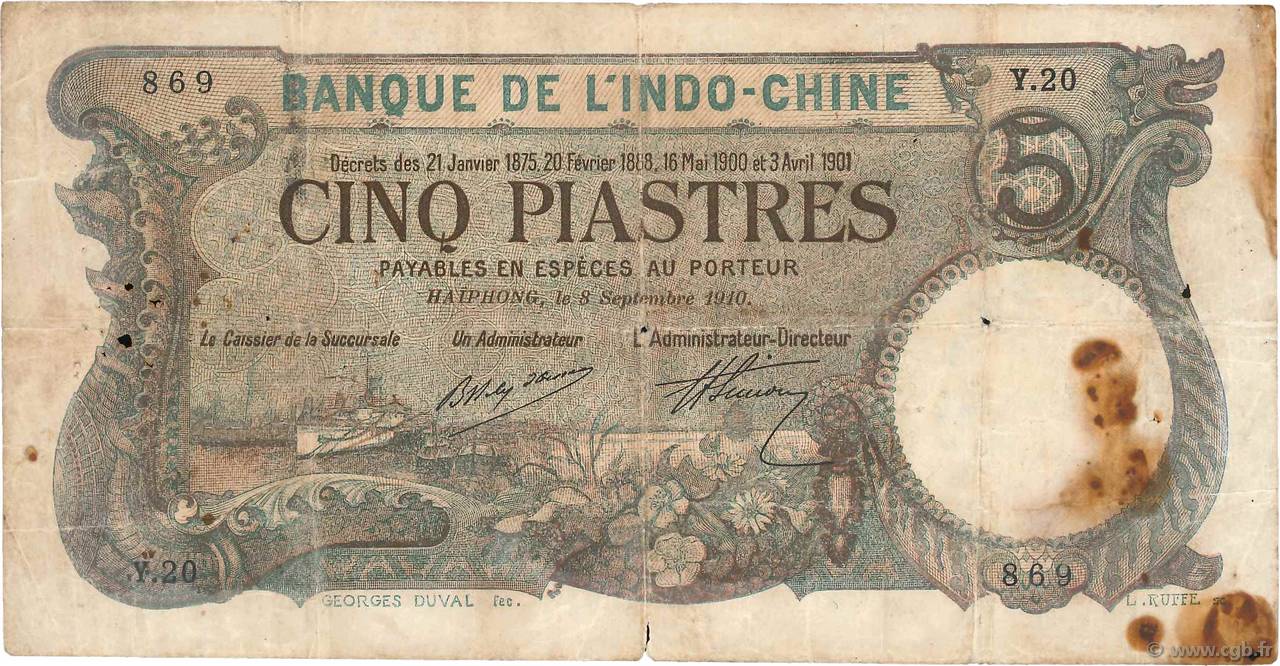5 Piastres Épreuve INDOCINA FRANCESE Haïphong 1910 P.016b q.MB