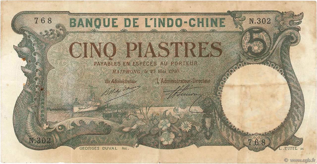 5 Piastres FRENCH INDOCHINA Haïphong 1920 P.019 F+